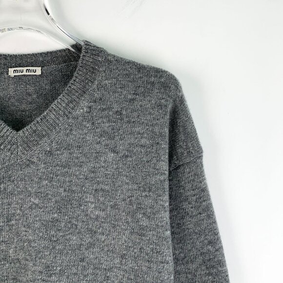 Miu Miu 2023 Dark Gray V-Neck Long-Sleeve Knit Sweater Size S - Picture 7 of 8